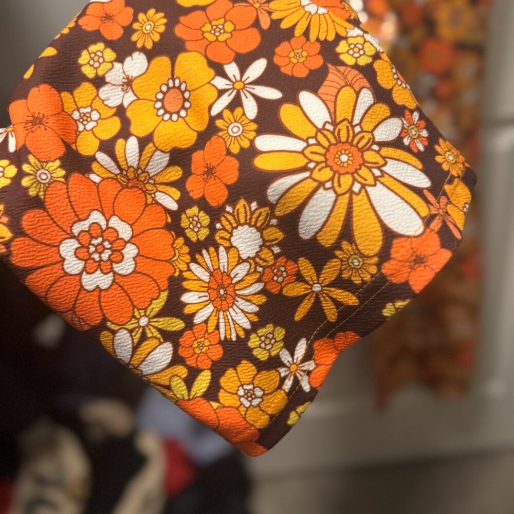 Retro 70s Floral Wide Leg Jumpsuit Orange Brown Boho Daisy Small - Picture 7 of 10